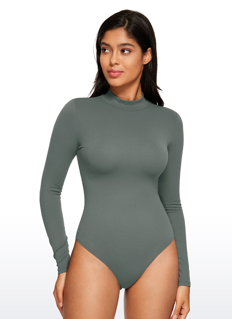 CRZ YOGA Mujeres Bodysuit Yoga Ajustado Manga Larga Cuello Alto Salvia gris