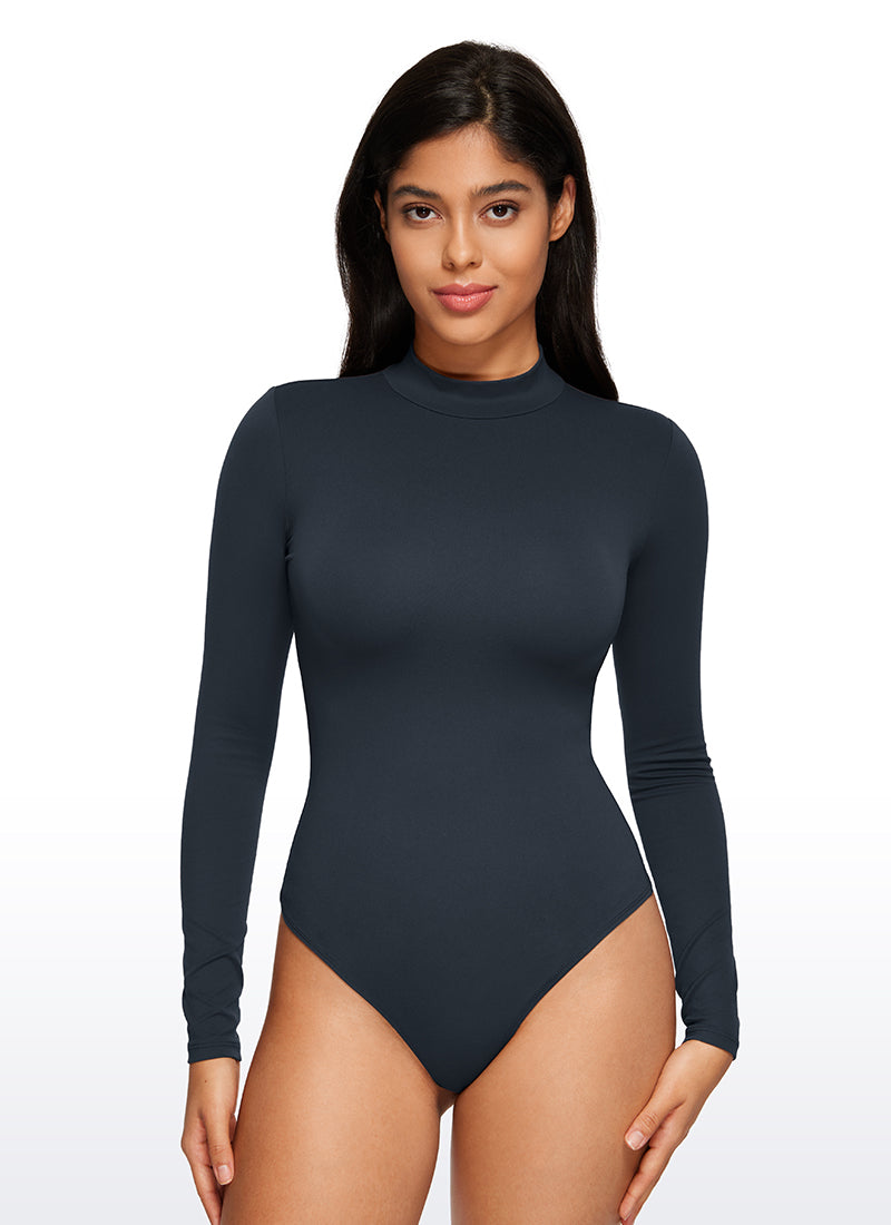 CRZ YOGA Mujeres Bodysuit Yoga Ajustado Manga Larga Cuello Alto True Navy