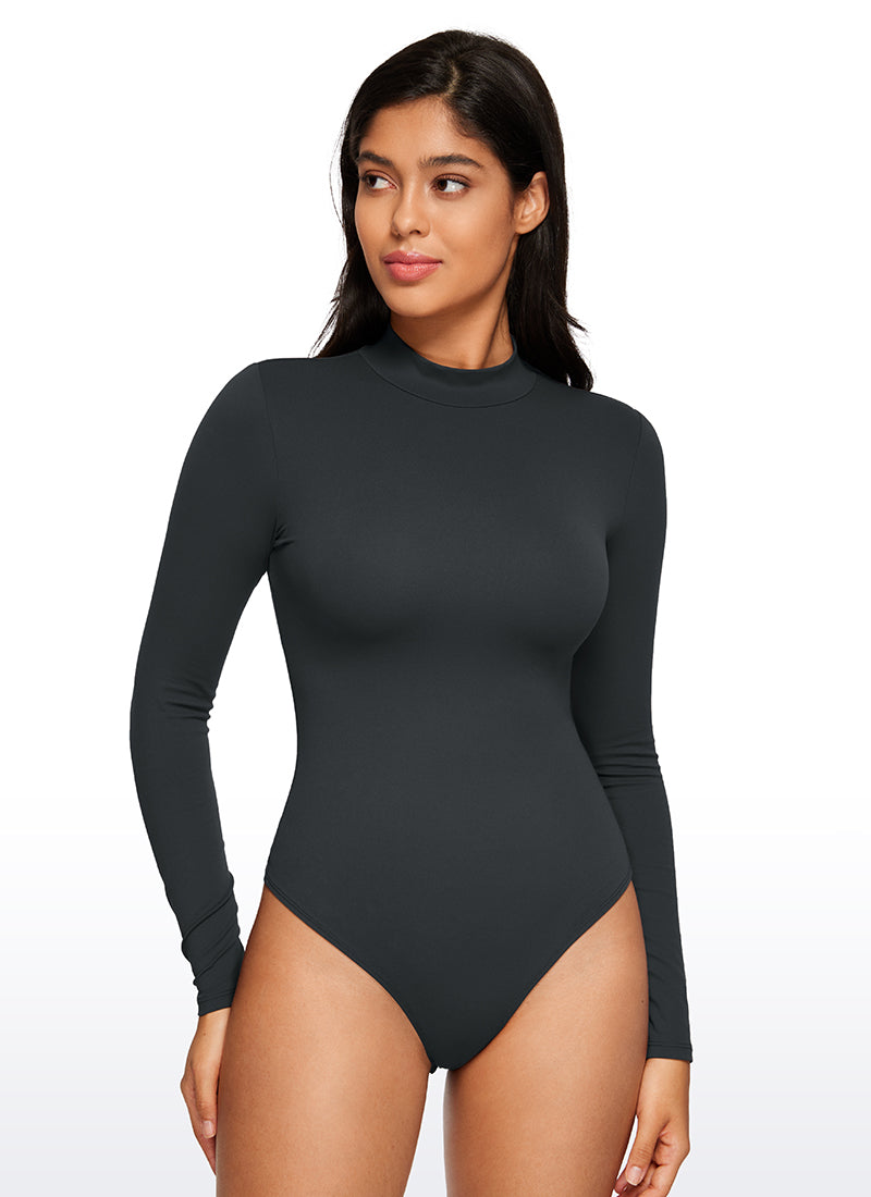 CRZ YOGA Mujeres Bodysuit Yoga Ajustado Manga Larga Cuello Alto Melanita