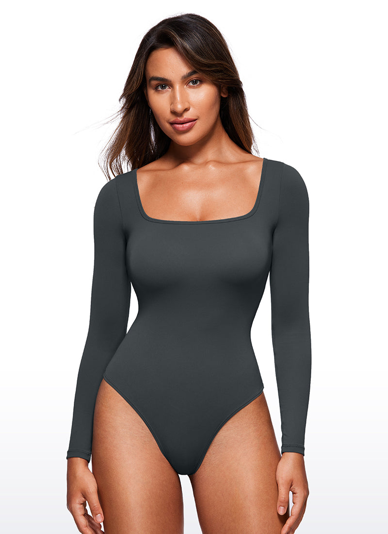 CRZ YOGA Mujeres Bodysuit Yoga Ajustado Manga Larga Cuello Cuadrado Melanita