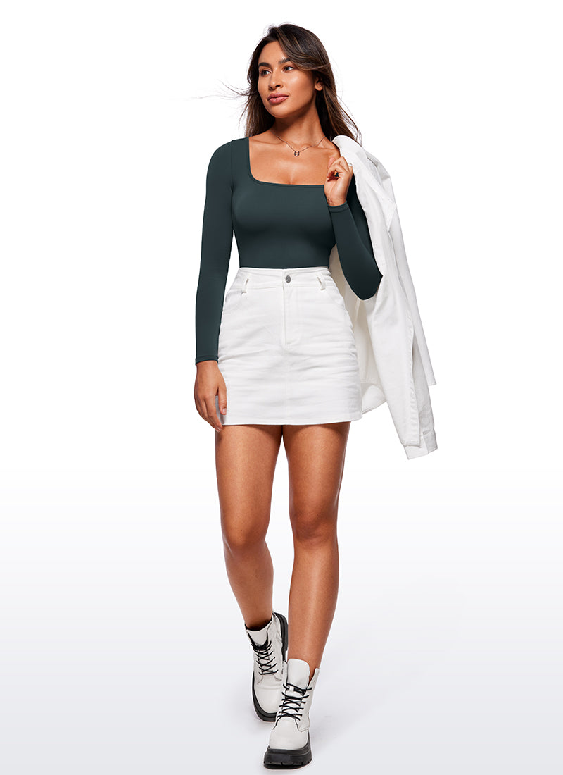 CRZ YOGA Mujeres Bodysuit Yoga Ajustado Manga Larga Cuello Cuadrado Verde oscuro del bosque