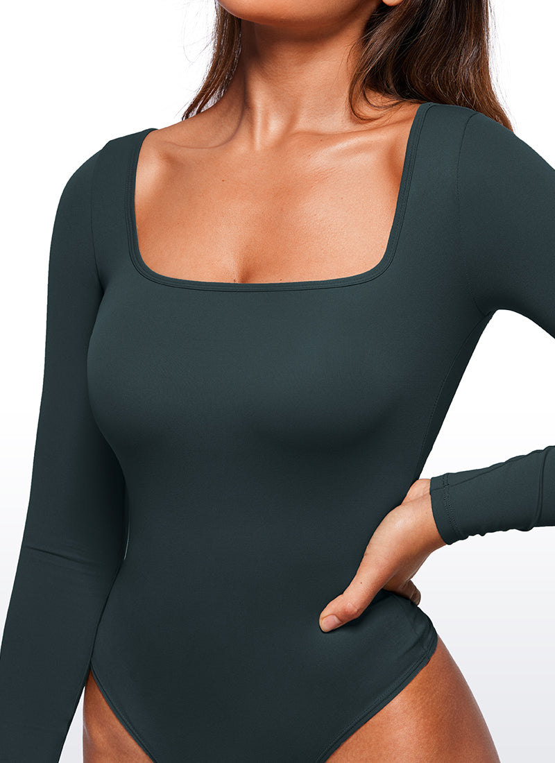 CRZ YOGA Mujeres Bodysuit Yoga Ajustado Manga Larga Cuello Cuadrado Verde oscuro del bosque