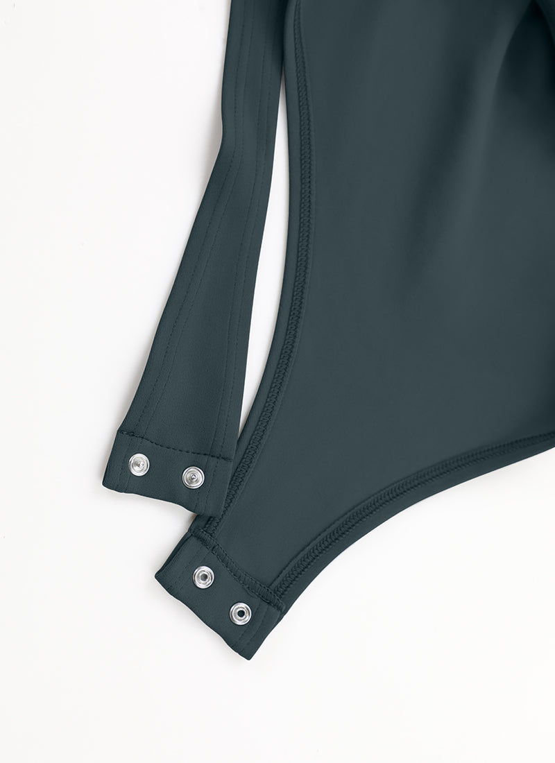 CRZ YOGA Mujeres Bodysuit Yoga Ajustado Manga Larga Cuello Cuadrado Verde oscuro del bosque