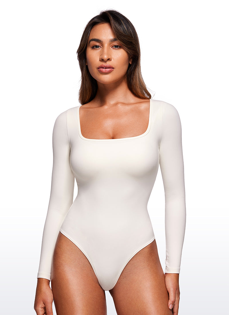 CRZ YOGA Mujeres Bodysuit Yoga Ajustado Manga Larga Cuello Cuadrado Albaricoque blanco