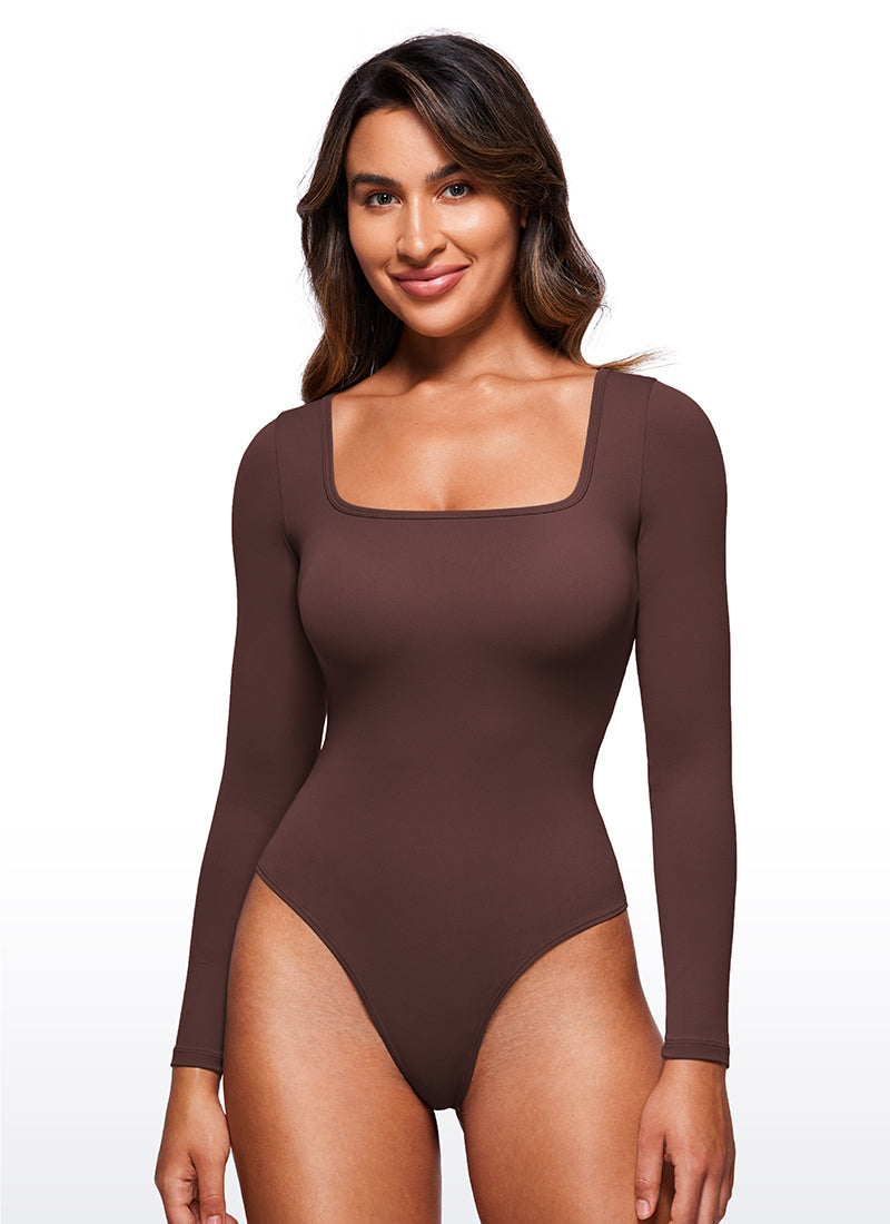 CRZ YOGA Mujeres Bodysuit Yoga Ajustado Manga Larga Cuello Cuadrado Gris pardo