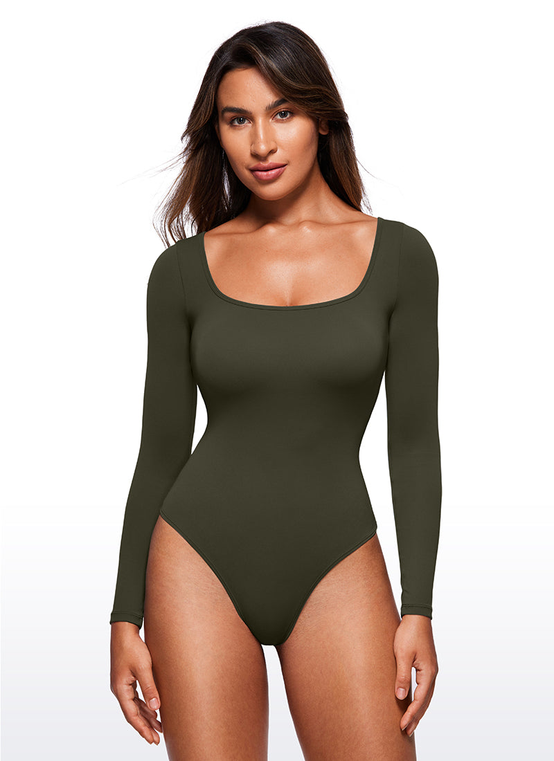 CRZ YOGA Mujeres Bodysuit Yoga Ajustado Manga Larga Cuello Cuadrado Verde Oliva