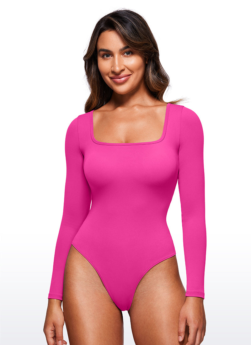 CRZ YOGA Mujeres Bodysuit Yoga Ajustado Manga Larga Cuello Cuadrado Púrpura Hibisco