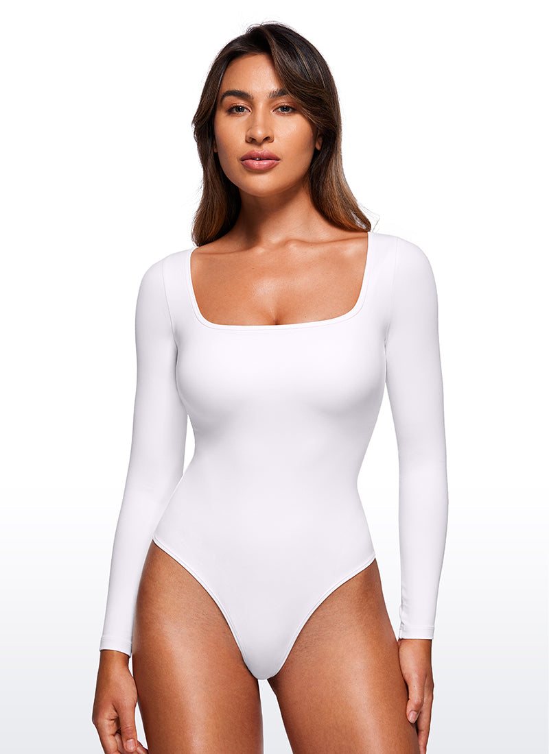 CRZ YOGA Mujeres Bodysuit Yoga Ajustado Manga Larga Cuello Cuadrado blanco