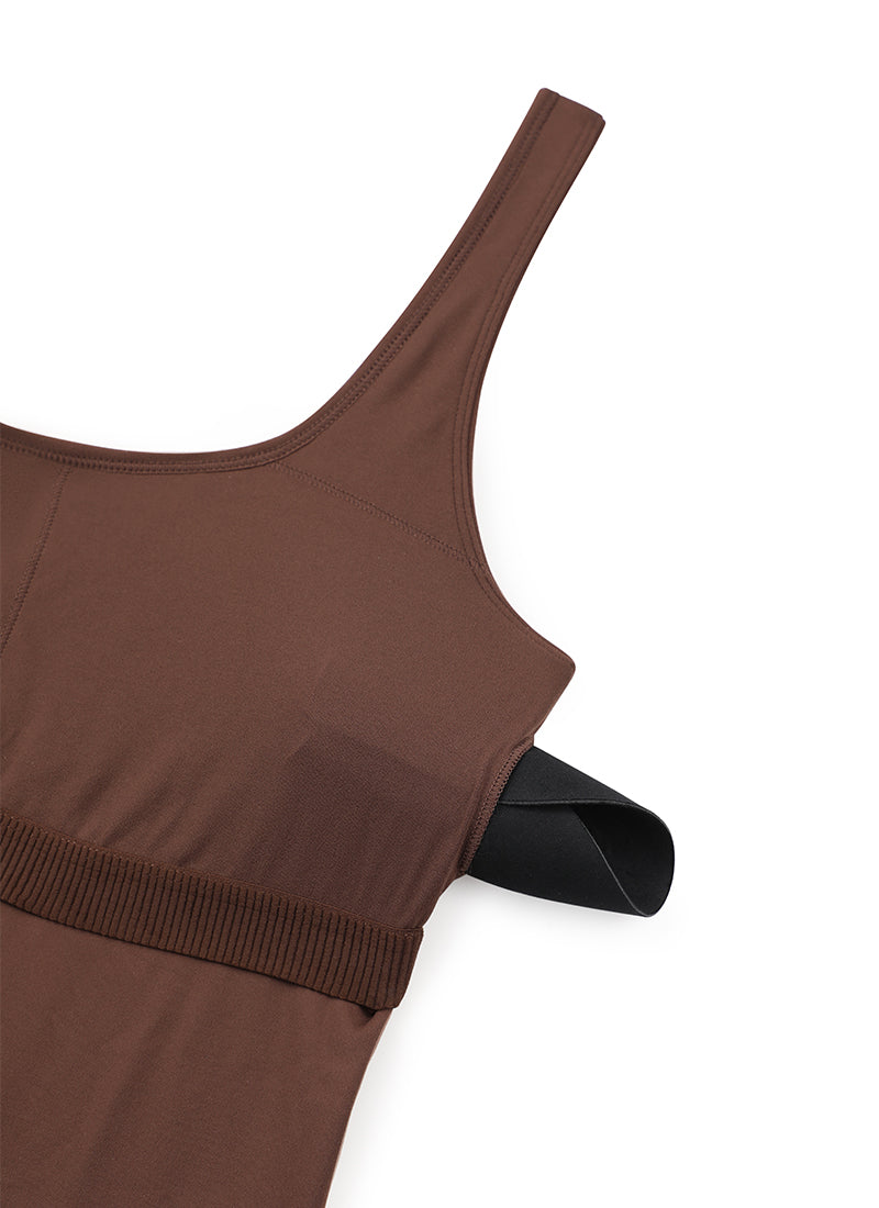 CRZ YOGA Mujer Body Corto Ajustado de Espalda Baja y Escote Redondo Café Morena