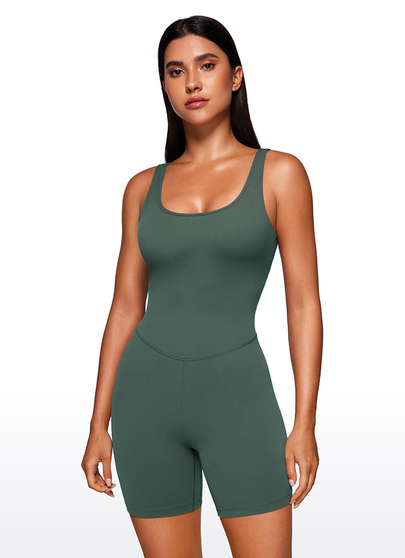 CRZ YOGA Mujer Body Corto Ajustado de Espalda Baja y Escote Redondo Verde Bosque Oscuro