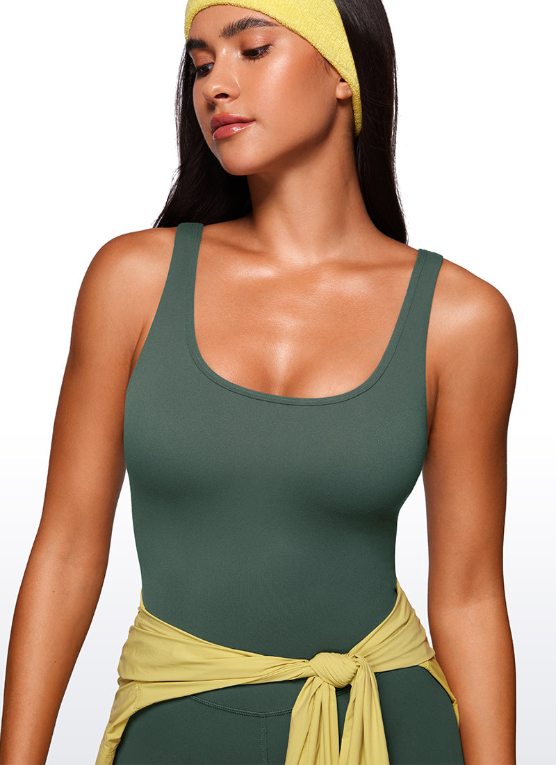 CRZ YOGA Mujer Body Corto Ajustado de Espalda Baja y Escote Redondo Verde Bosque Oscuro