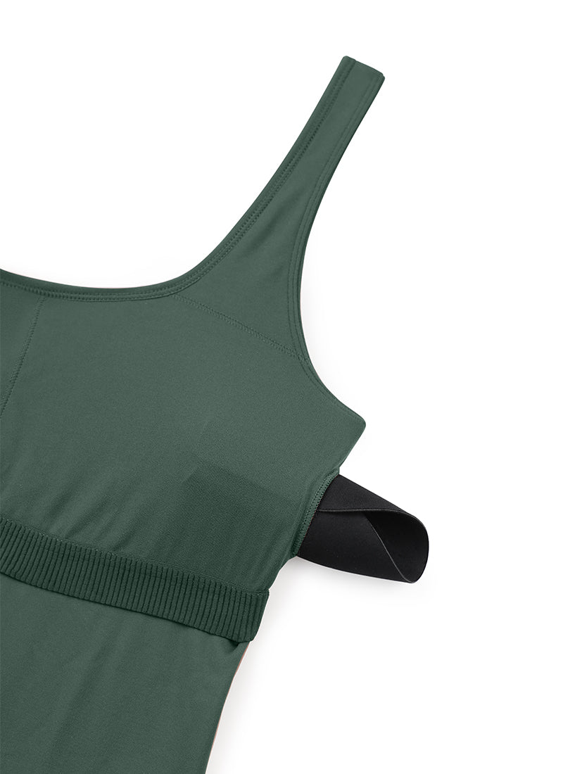 CRZ YOGA Mujer Body Corto Ajustado de Espalda Baja y Escote Redondo Verde Bosque Oscuro