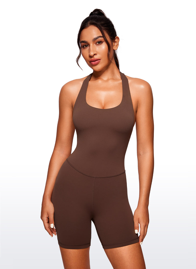 CRZ YOGA Mujer Mono Deportivo Halter Espalda Descubierta Corto Café Morena