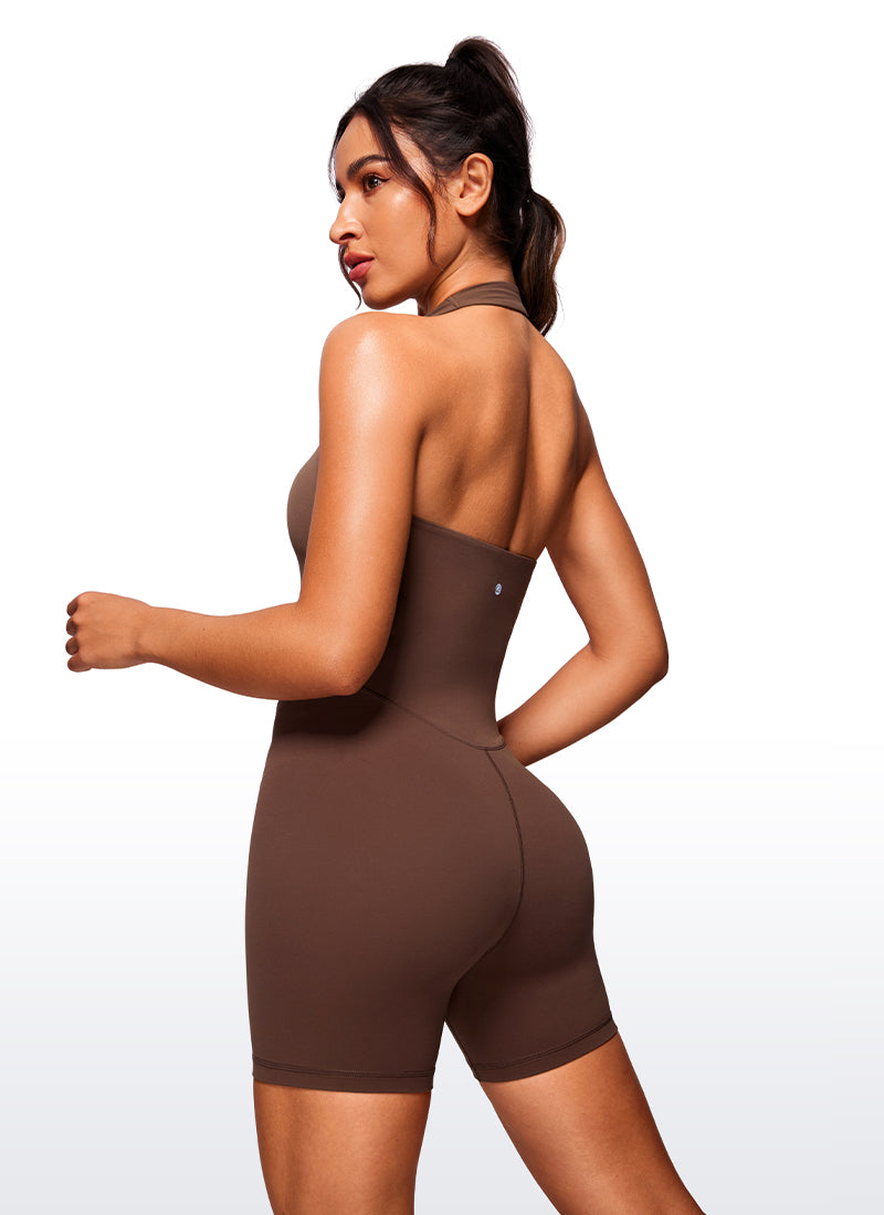 CRZ YOGA Mujer Mono Deportivo Halter Espalda Descubierta Corto Café Morena