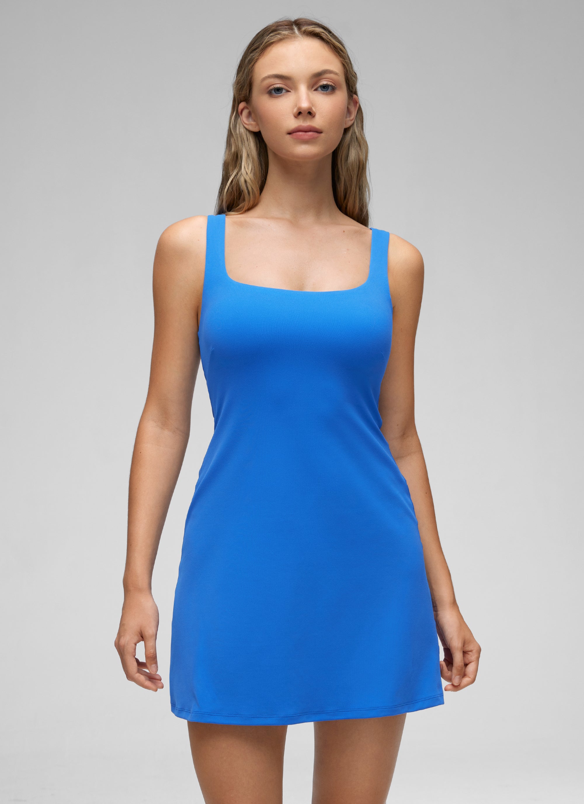 CRZ YOGA Mujer Vestido A-Line con Sujetador Integrado Escote Cuadrado Azul Destello