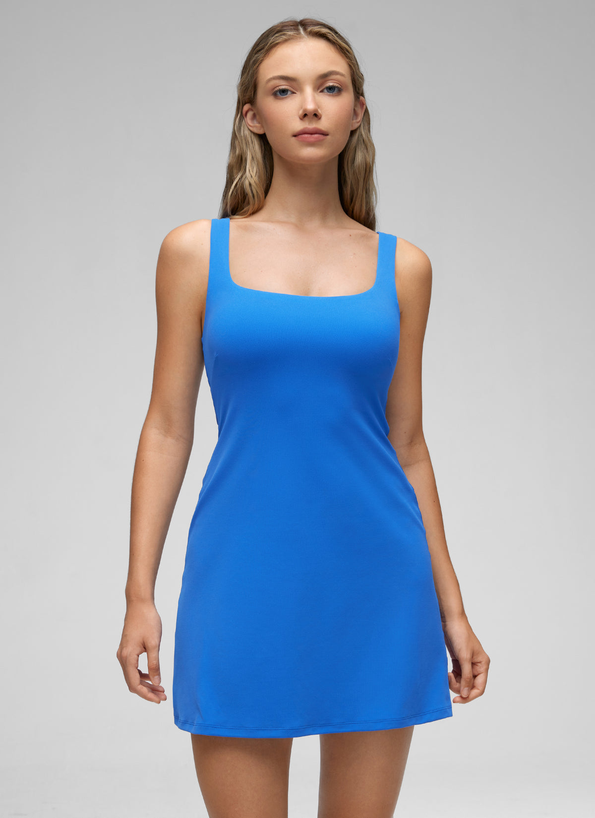 CRZ YOGA Mujer Vestido A-Line con Sujetador Integrado Escote Cuadrado Azul Destello