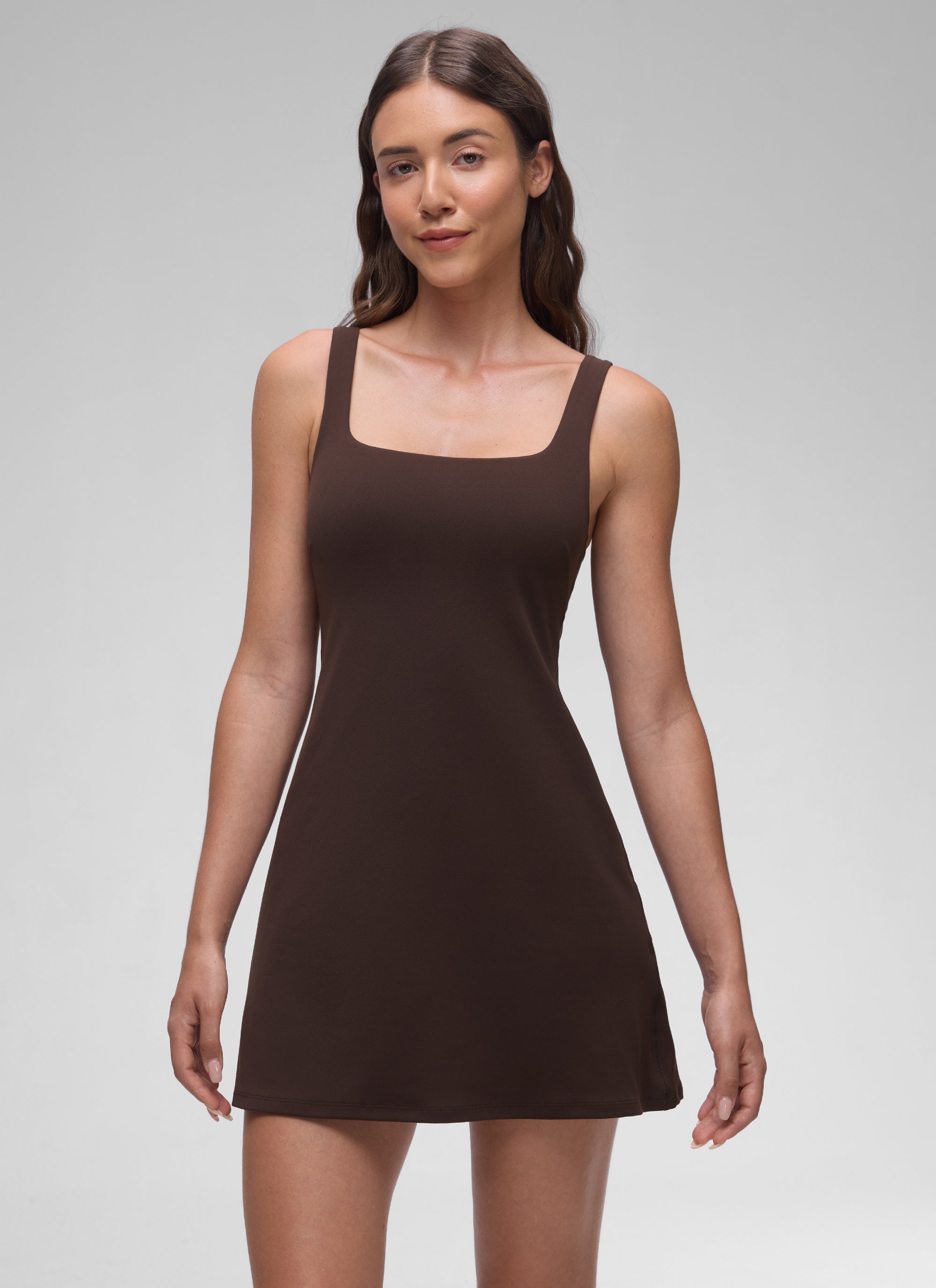 CRZ YOGA Mujer Vestido A-Line con Sujetador Integrado Escote Cuadrado Marrón Fudge Caliente