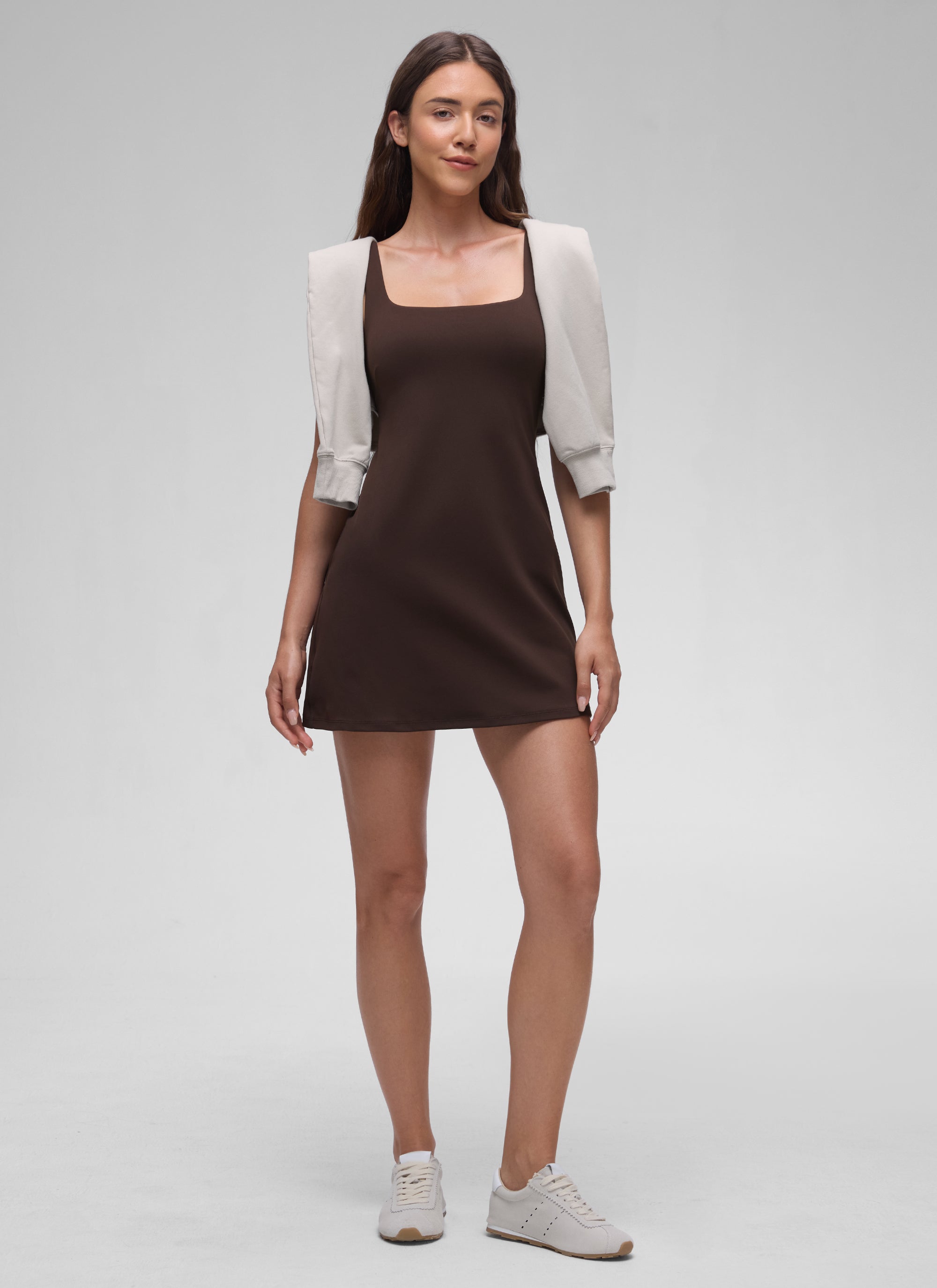 CRZ YOGA Mujer Vestido A-Line con Sujetador Integrado Escote Cuadrado Marrón Fudge Caliente