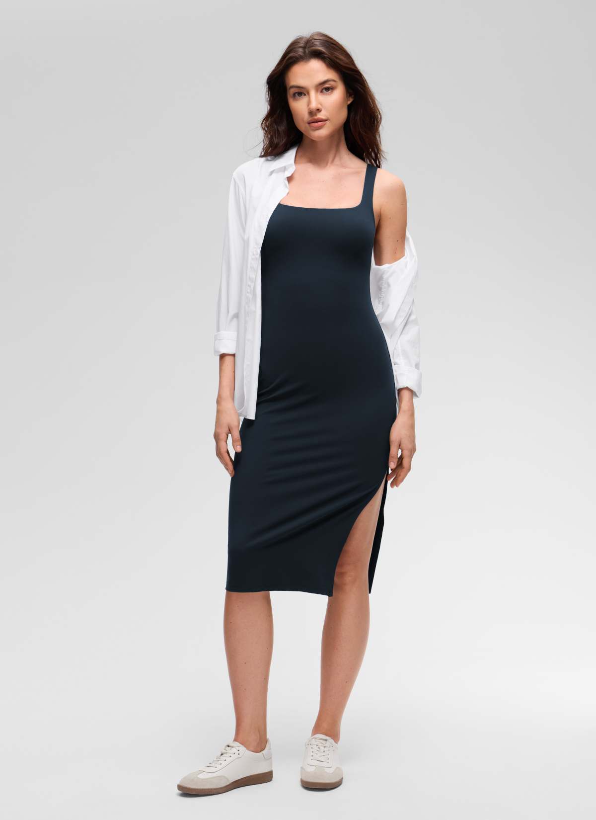 CRZ YOGA Vestido Cuello Cuadrado con Abertura para Mujer Butterluxe True Navy