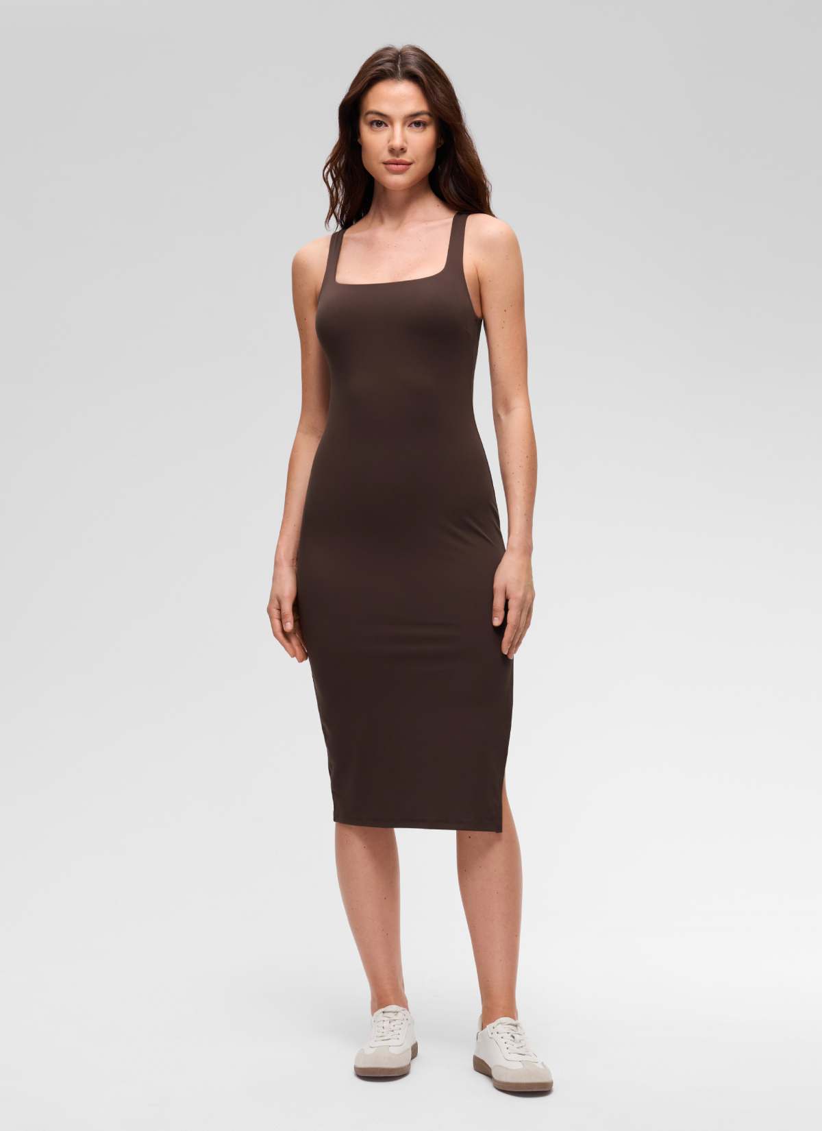 CRZ YOGA Vestido Cuello Cuadrado con Abertura para Mujer Butterluxe Marrón Fudge Caliente