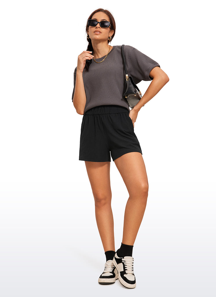 CRZ YOGA Shorts de Sudor de Cintura Alta Acanalados para Mujer de 3'' Negro