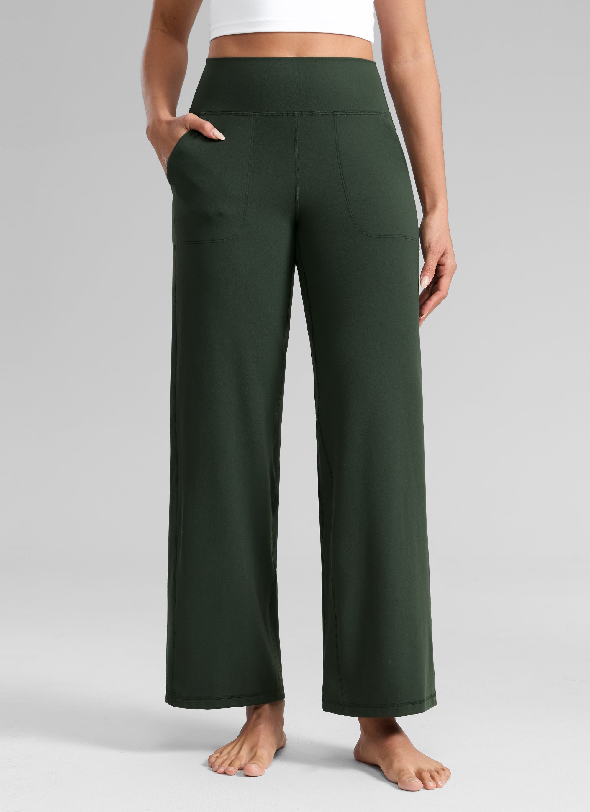 CRZ YOGA Pantalones de Cintura Alta y Pierna Ancha con Bolsillos Leyenda Verde