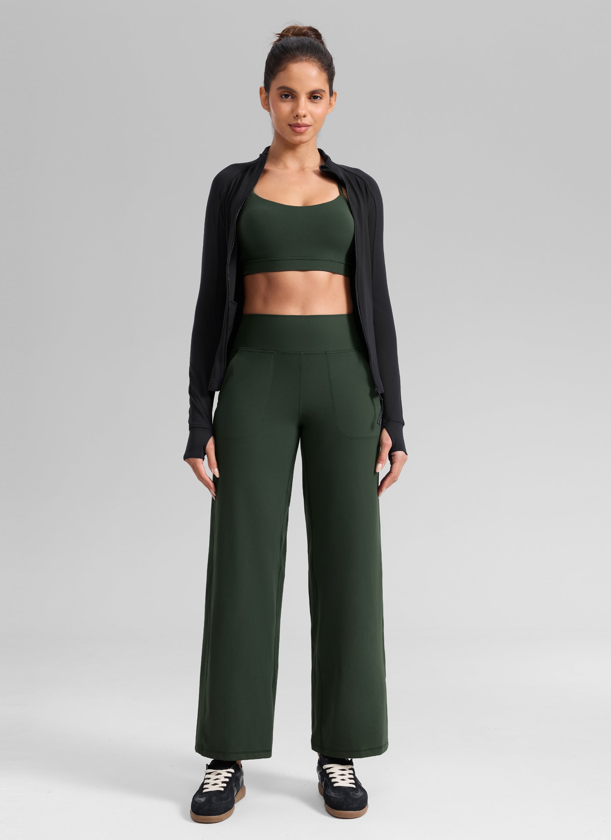 CRZ YOGA Pantalones de Cintura Alta y Pierna Ancha con Bolsillos Leyenda Verde