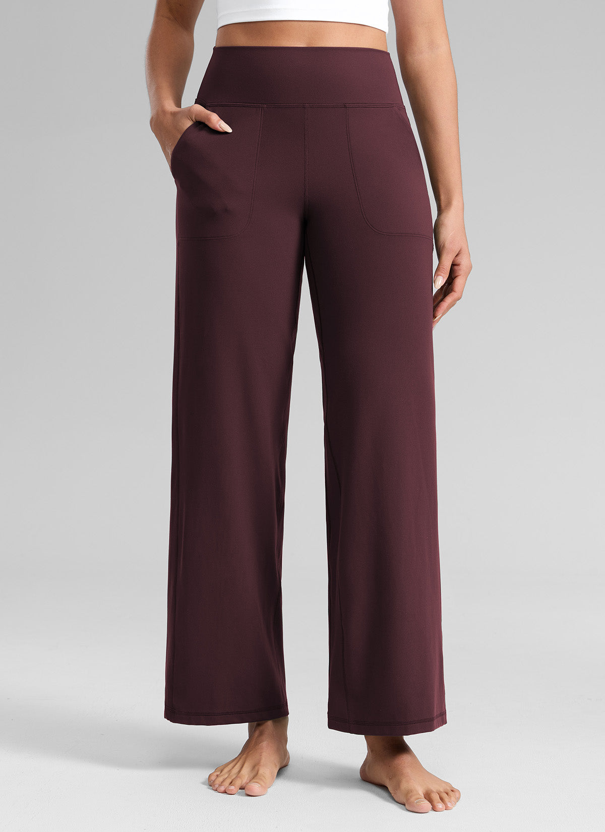 CRZ YOGA Pantalones de Cintura Alta y Pierna Ancha con Bolsillos Ciruela madura