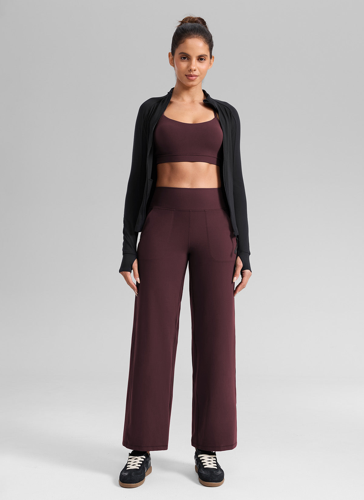 CRZ YOGA Pantalones de Cintura Alta y Pierna Ancha con Bolsillos Ciruela madura