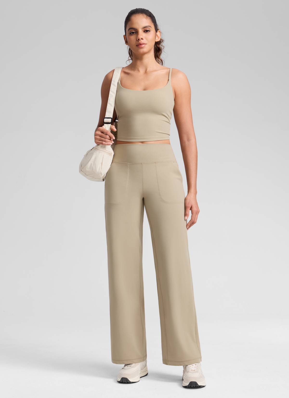 CRZ YOGA Pantalones de Cintura Alta y Pierna Ancha con Bolsillos Roble
