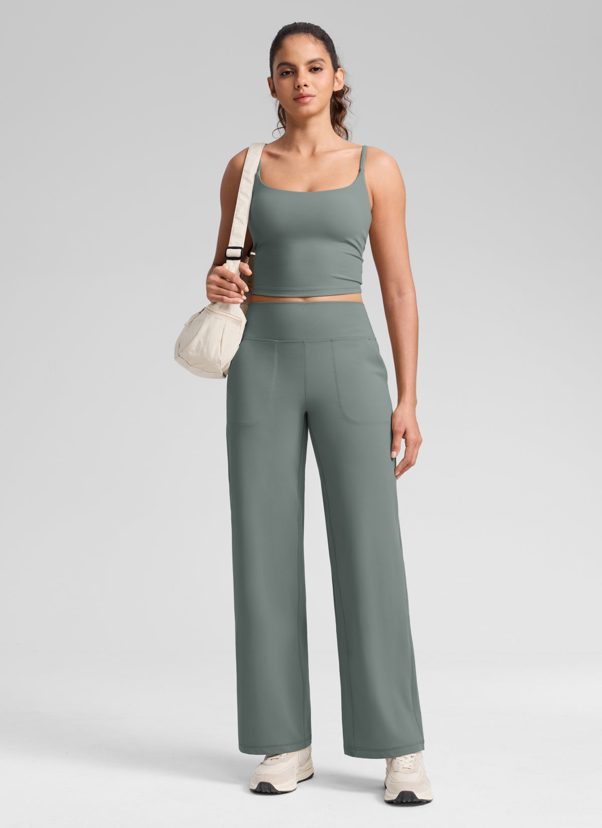 CRZ YOGA Pantalones de Cintura Alta y Pierna Ancha con Bolsillos Salvia gris @model_info:Q1