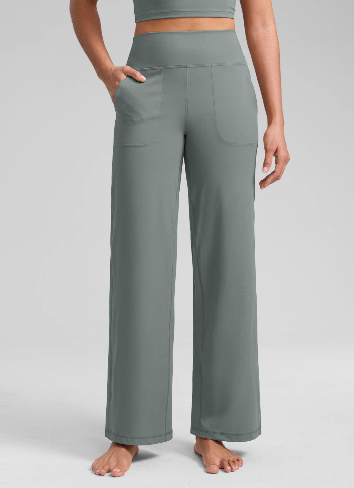CRZ YOGA Pantalones de Cintura Alta y Pierna Ancha con Bolsillos Salvia gris @model_info:S1