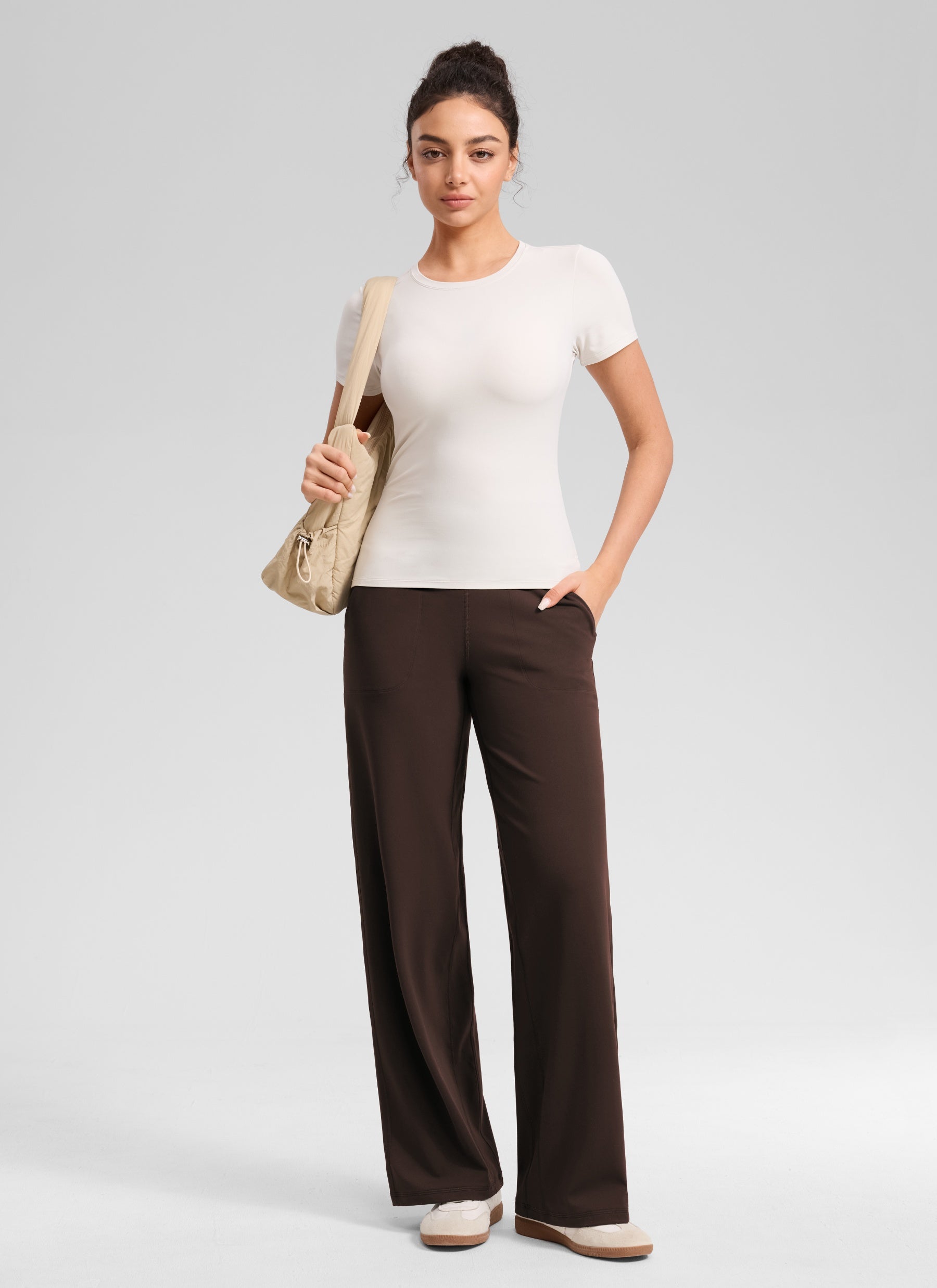 CRZ YOGA Pantalones Butterlift Cintura Alta Pierna Ancha 31 pulg. Marrón Fudge Caliente