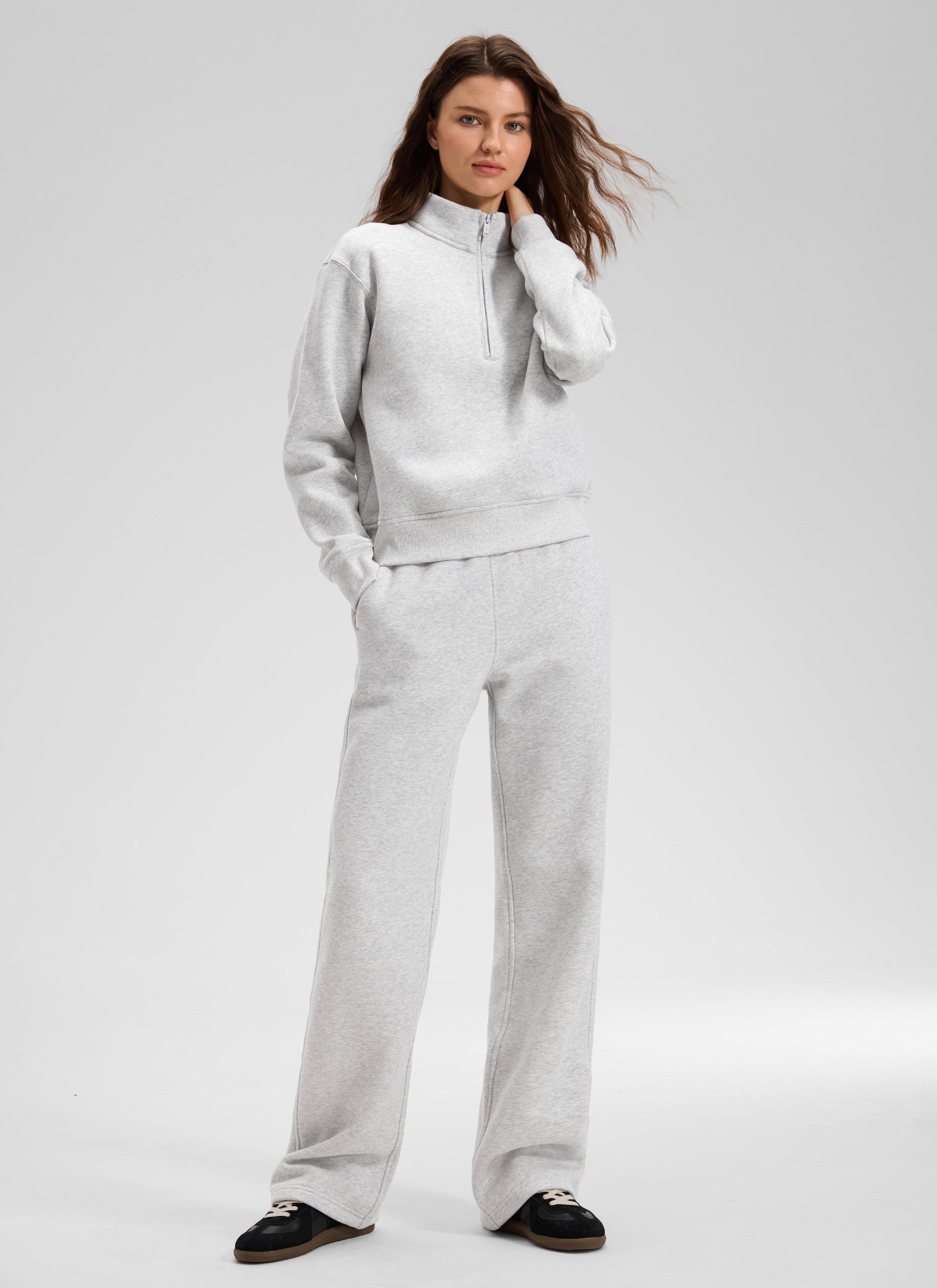 Pantalón recto casual de felpa de algodón para mujer CRZ YOGA 32 pulg. Gris paloma veteado