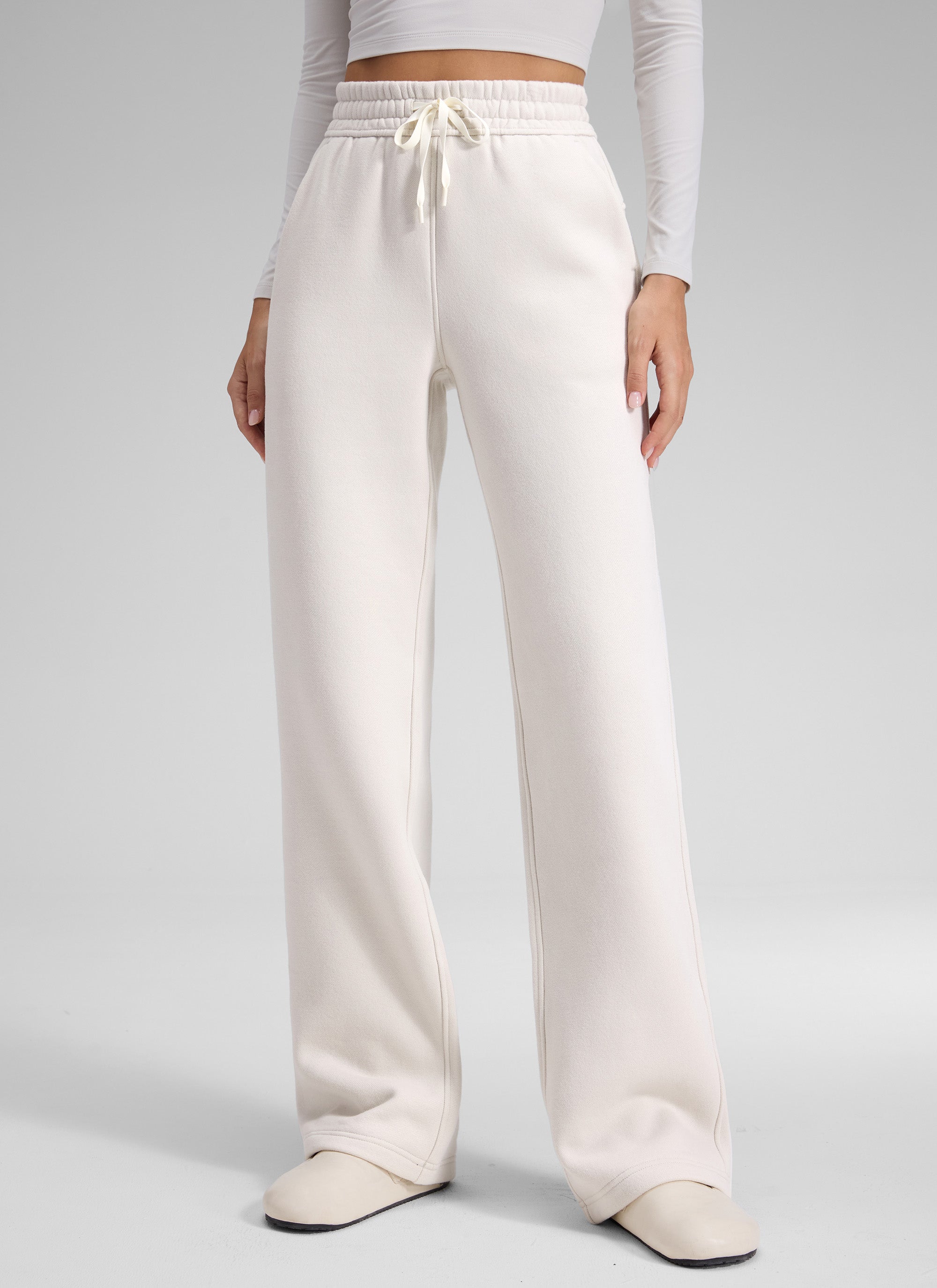 Pantalón recto casual de felpa de algodón para mujer CRZ YOGA 32 pulg. Blanca Lechosa