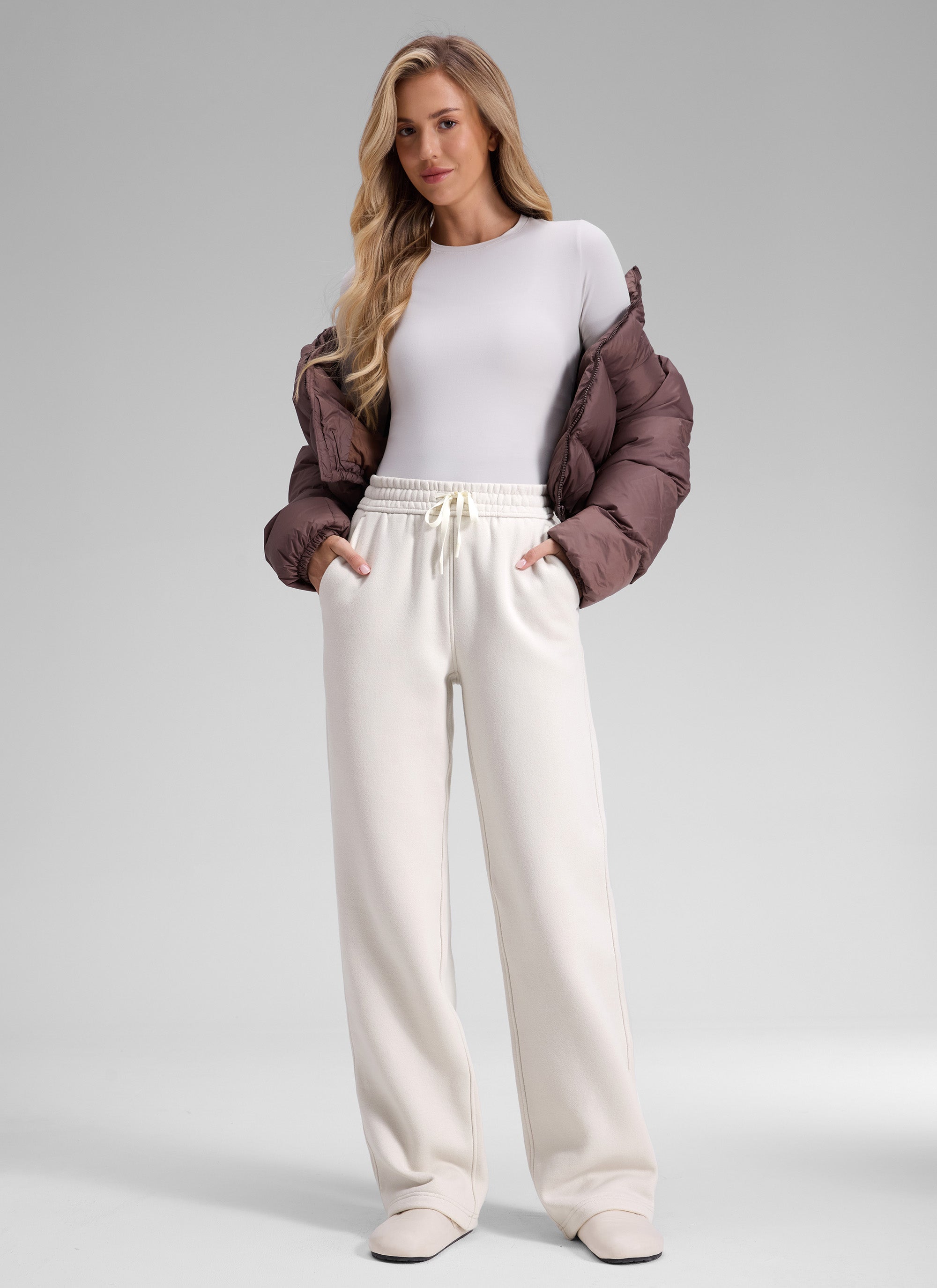 Pantalón recto casual de felpa de algodón para mujer CRZ YOGA 32 pulg. Blanca Lechosa