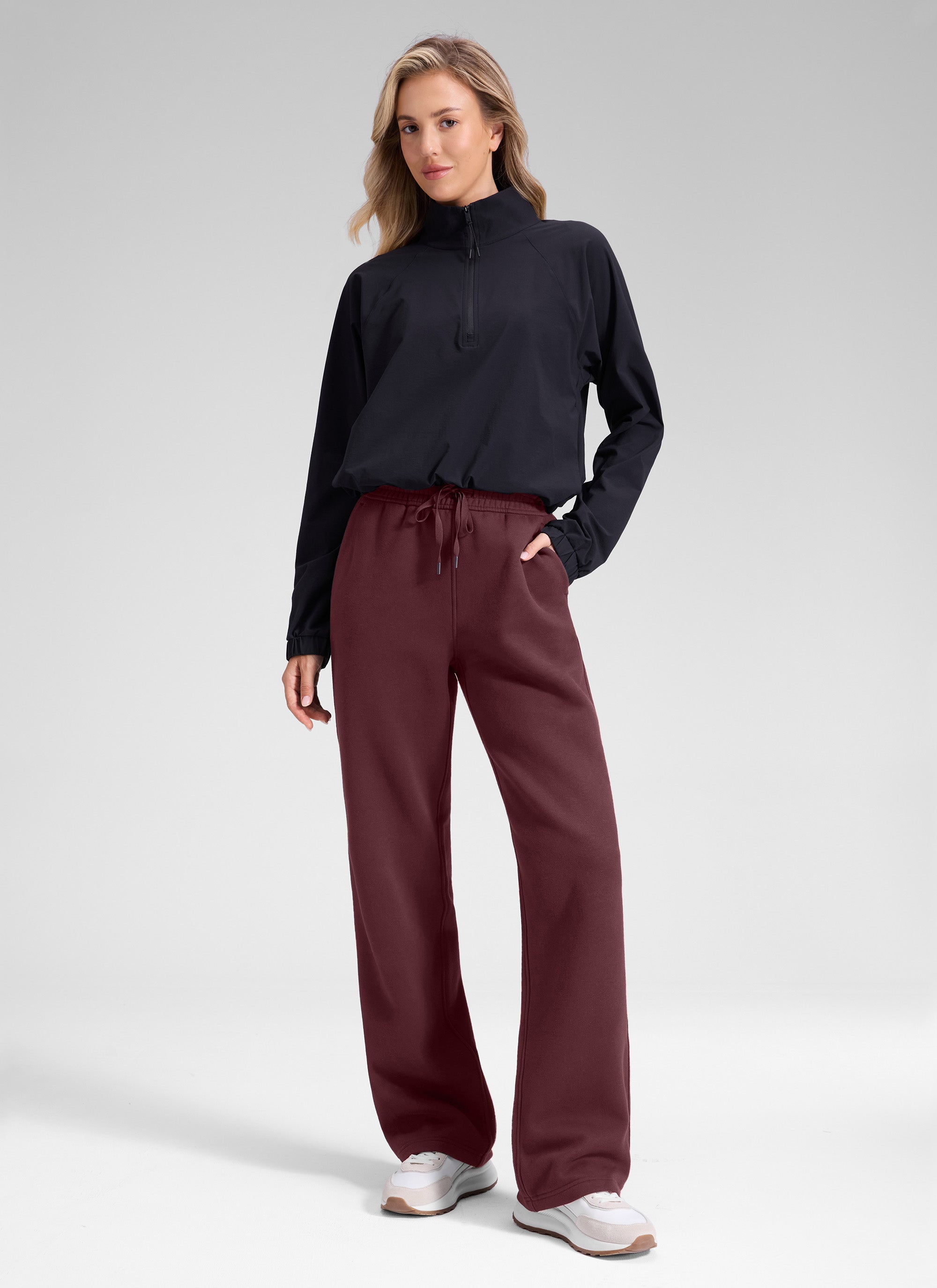 Pantalón recto casual de felpa de algodón para mujer CRZ YOGA 32 pulg. Rojo oscuro 2