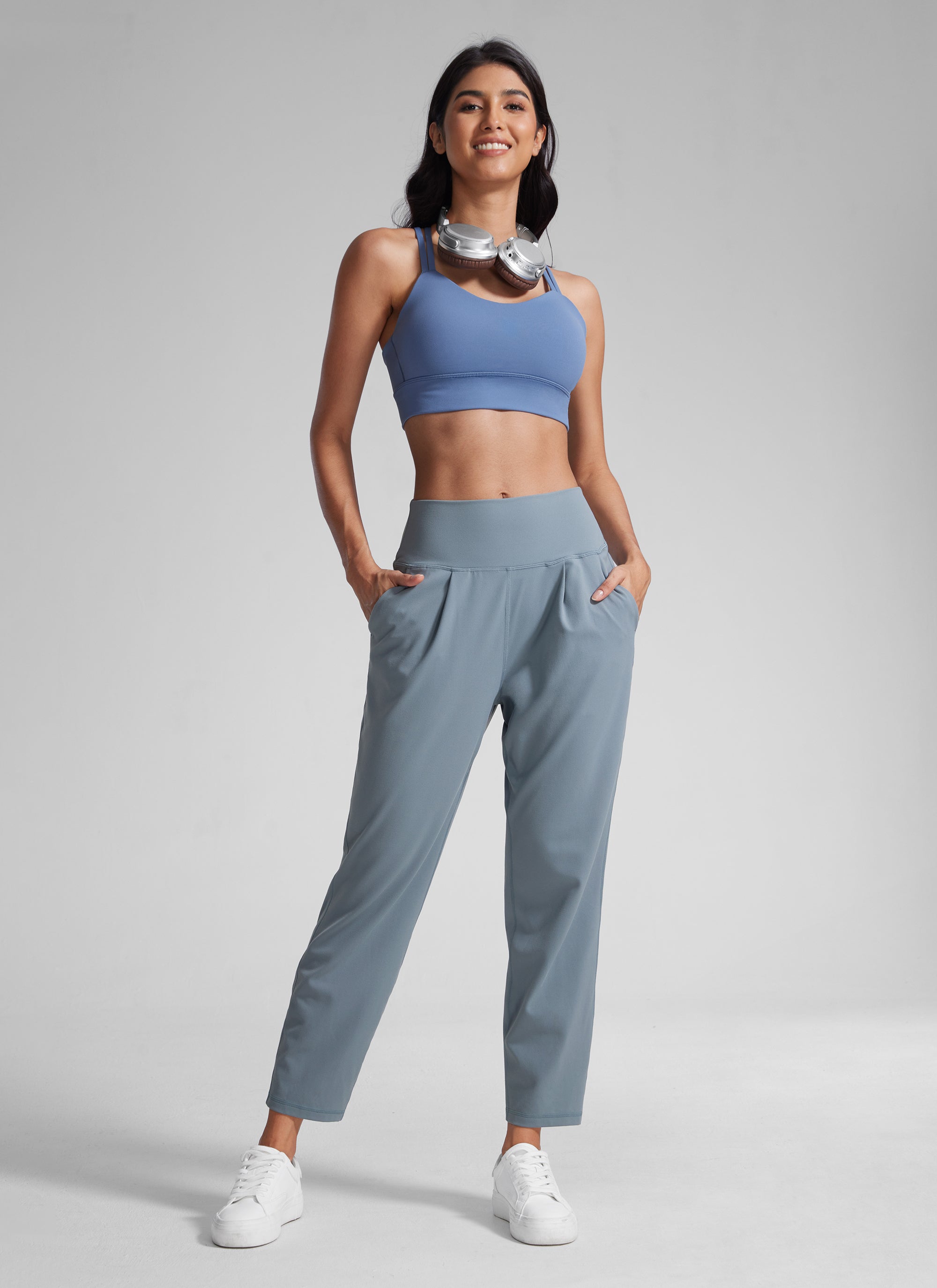 CRZ YOGA Butterlift Mujer Pantalones Casuales de Cintura Alta Pliegues Azul Belga