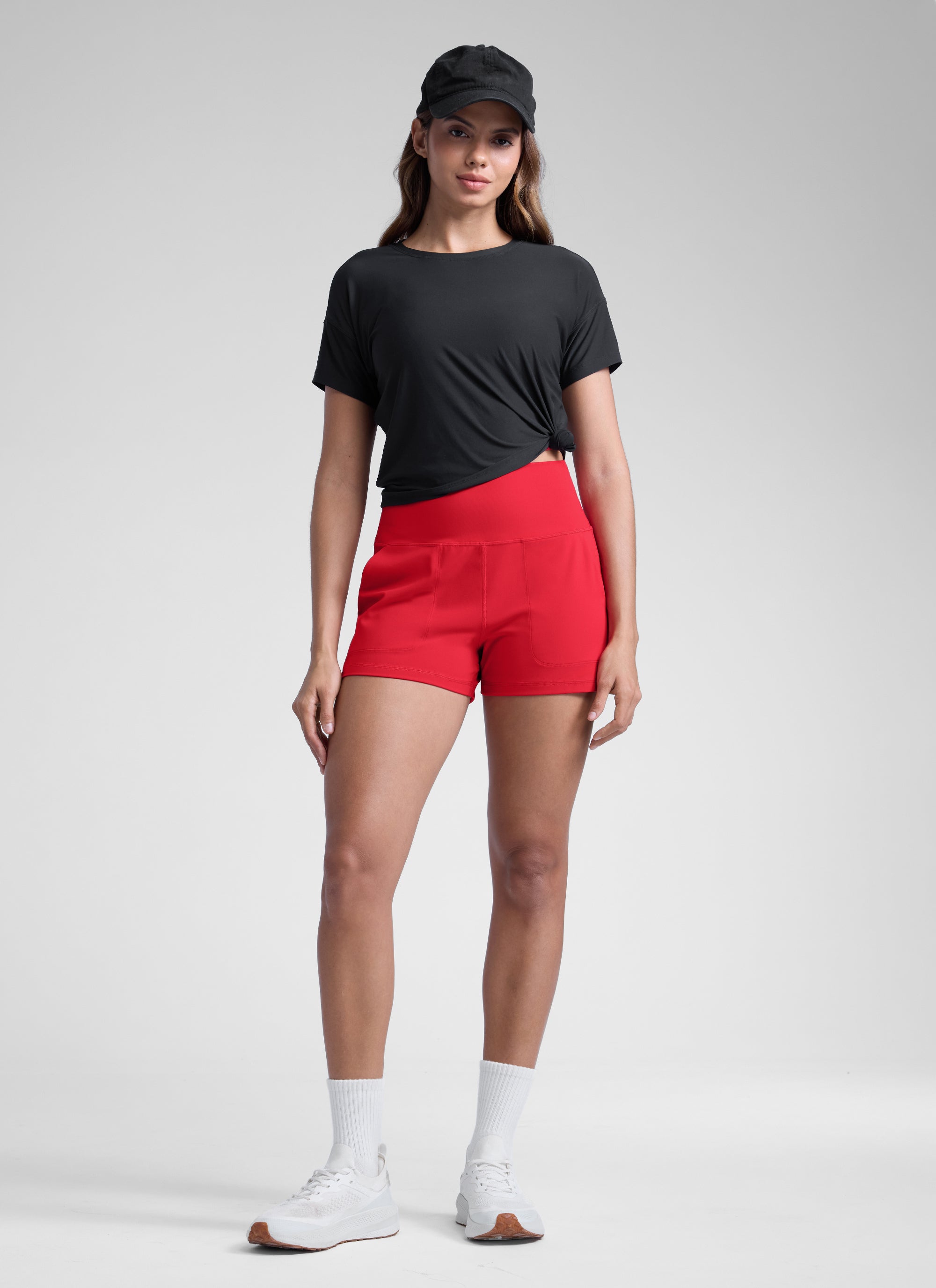 CRZ YOGA Pantalones Cortos Butterlift con Bolsillos para Mujer Rojo Aurora