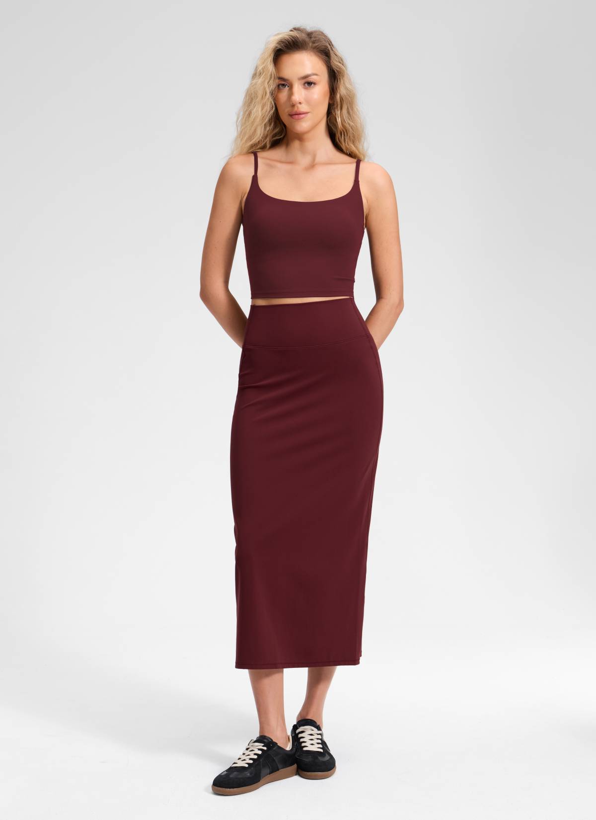 CRZ YOGA para Mujeres Falda Larga Ajustada con Abertura Posterior Merlot Rojo