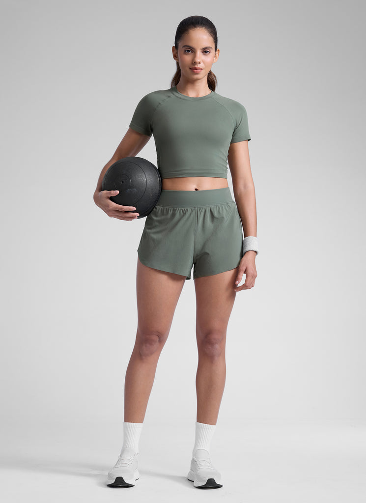 CRZ YOGA Feathery Fit Suave Shorts de Cintura Alta Forro Dolphin de 3 Pulgadas Salvia gris