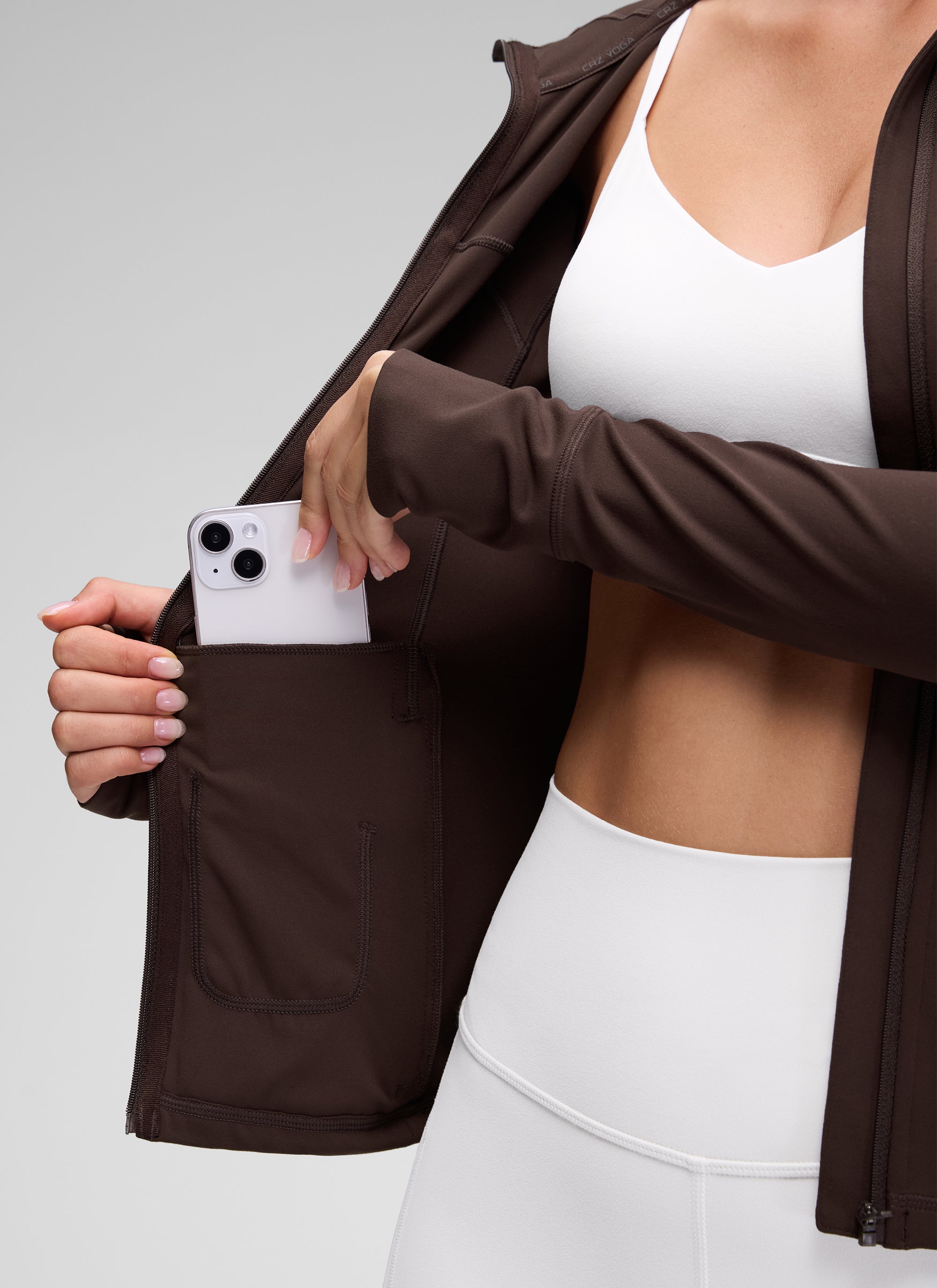 CRZ YOGA Mujer Sudadera con Capucha y Cremallera Marrón Fudge Caliente