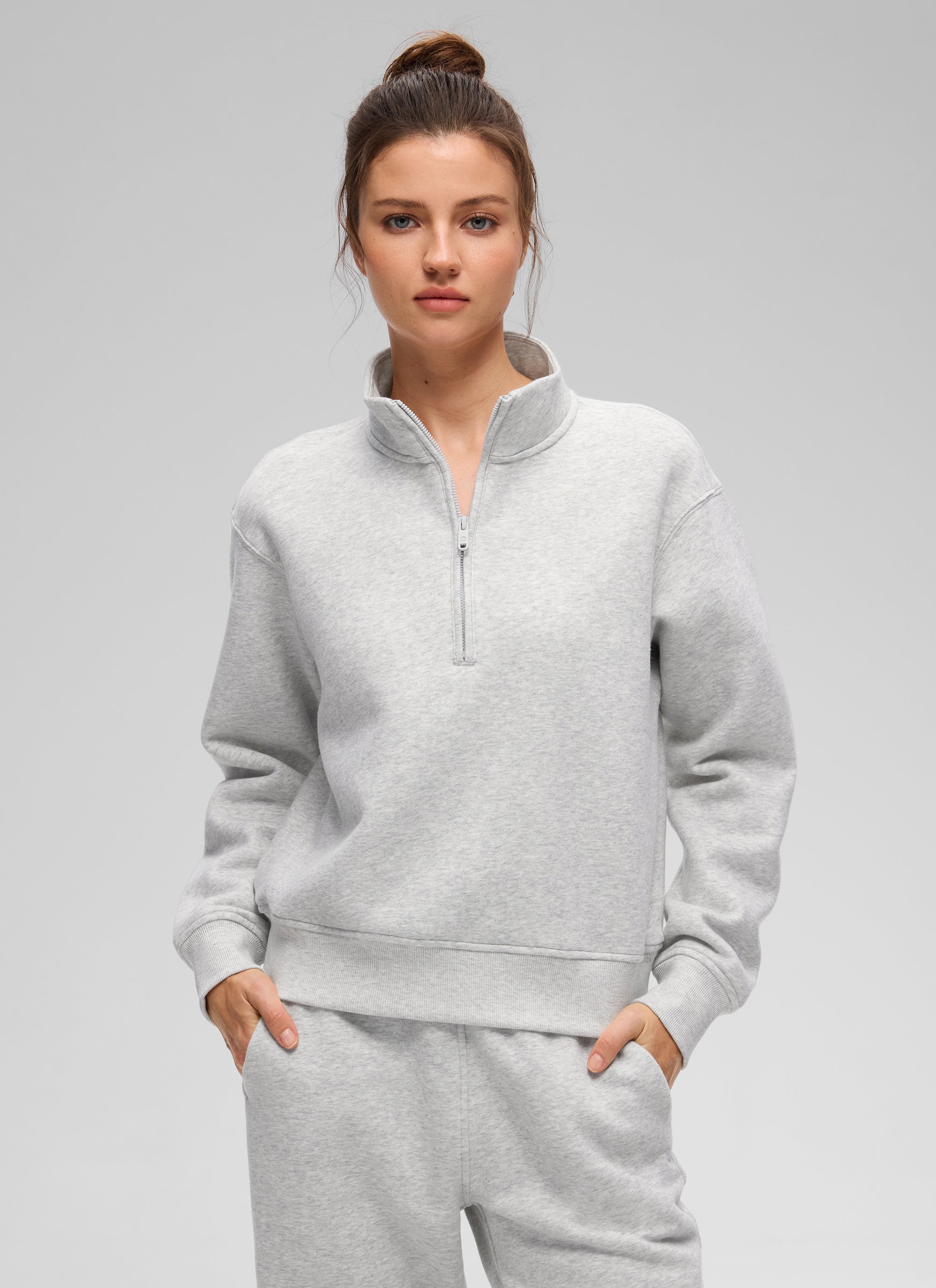 CRZ YOGA Sudadera Mujer Con Cremallera Media y Cuello Funnel Gris paloma veteado