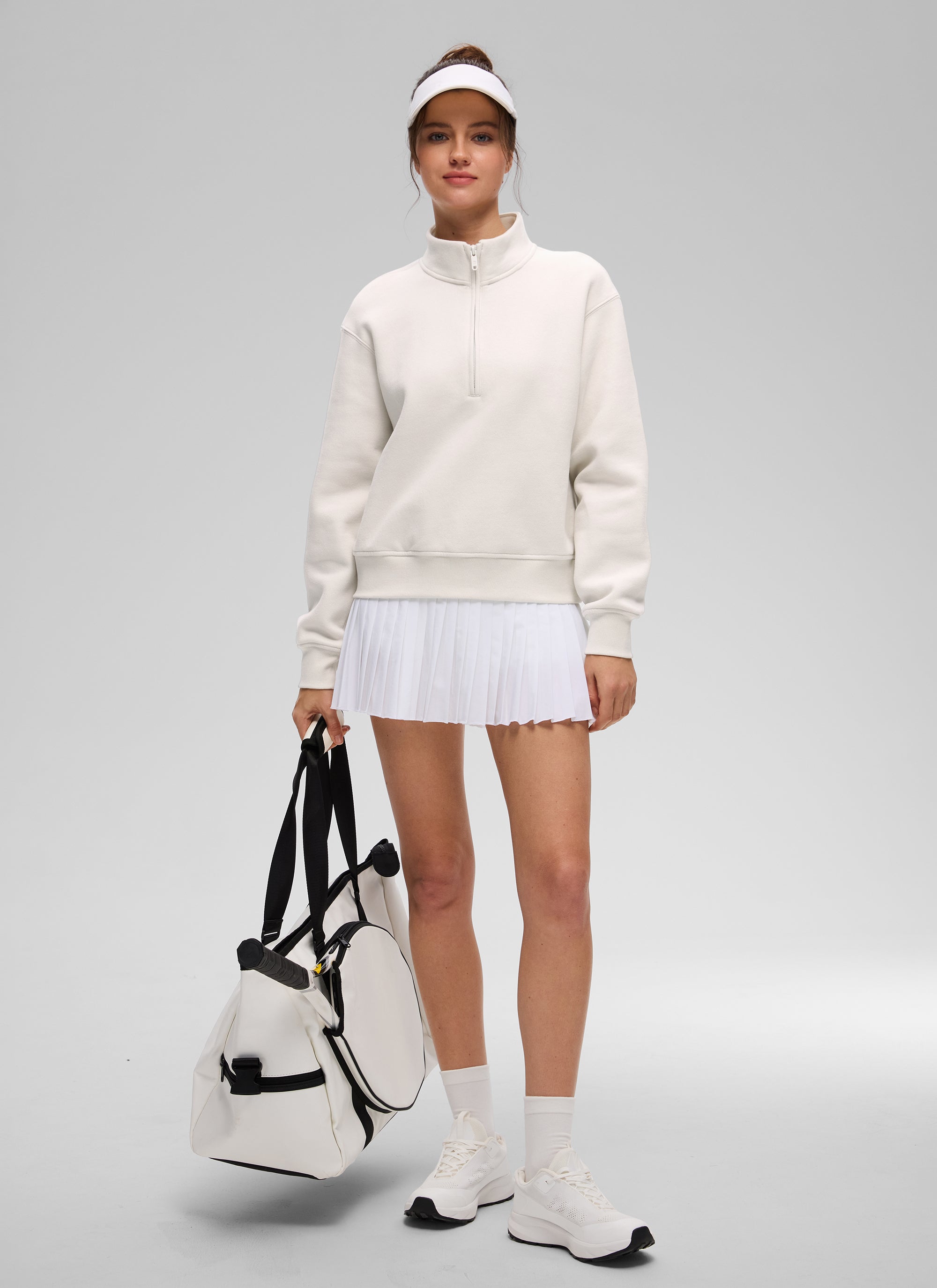 CRZ YOGA Sudadera Mujer Con Cremallera Media y Cuello Funnel Blanca Lechosa