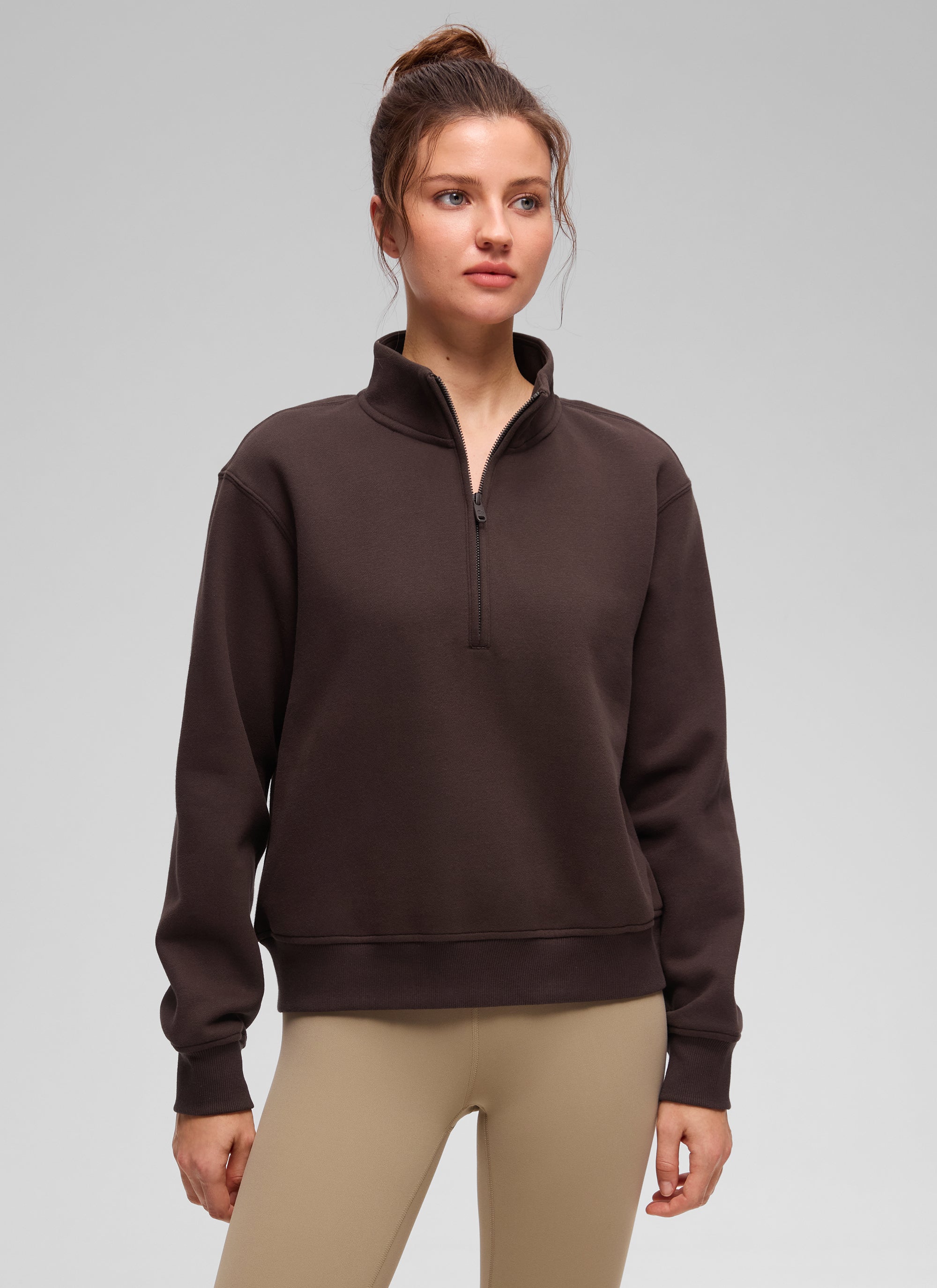 CRZ YOGA Sudadera Mujer Con Cremallera Media y Cuello Funnel Marrón Fudge Caliente