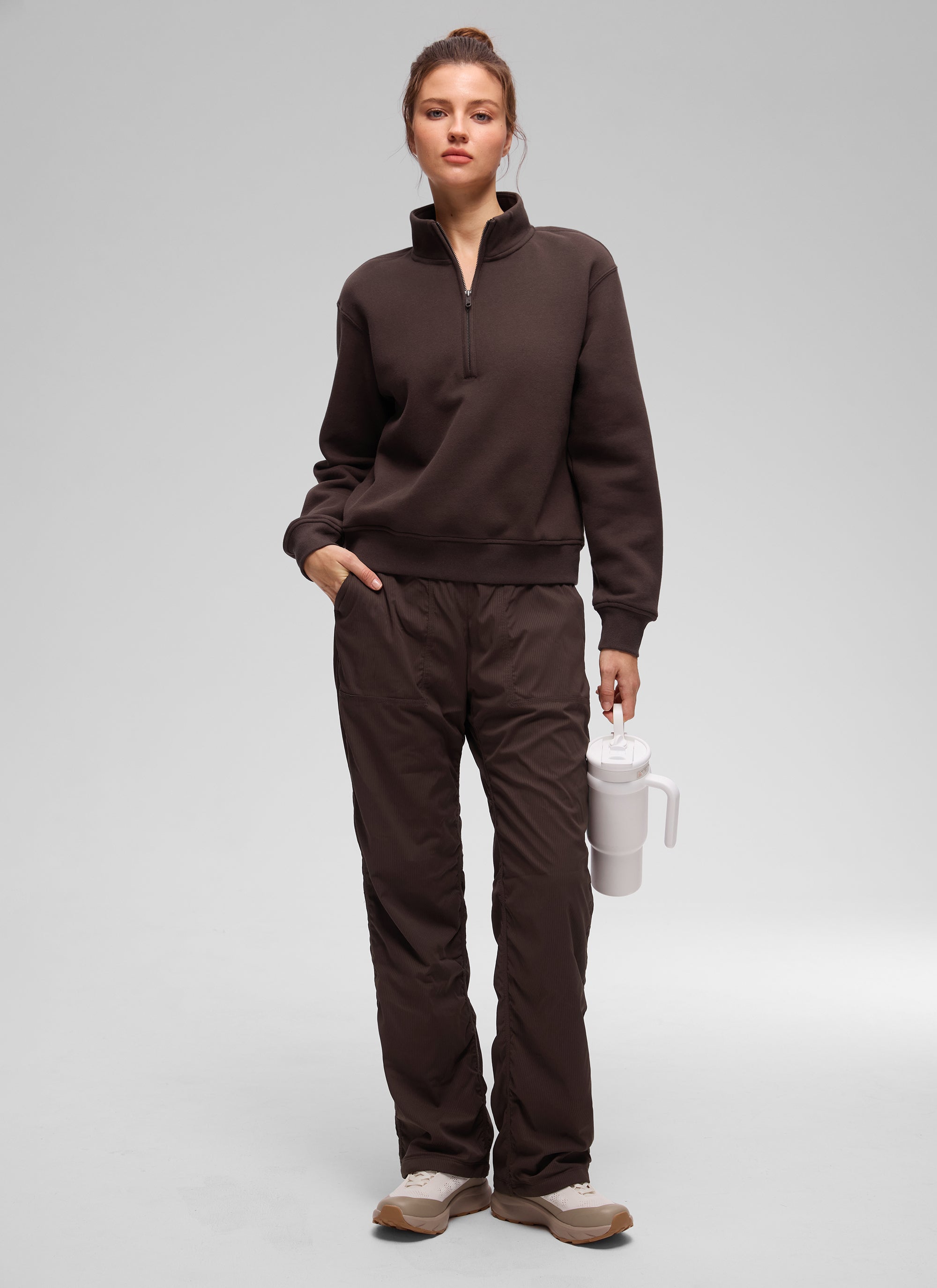 CRZ YOGA Sudadera Mujer Con Cremallera Media y Cuello Funnel Marrón Fudge Caliente