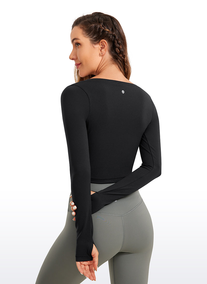 CRZ YOGA  Butterluxe Camiseta Corta con Mangas Largas y Cuello Redondo para Mujer Negro