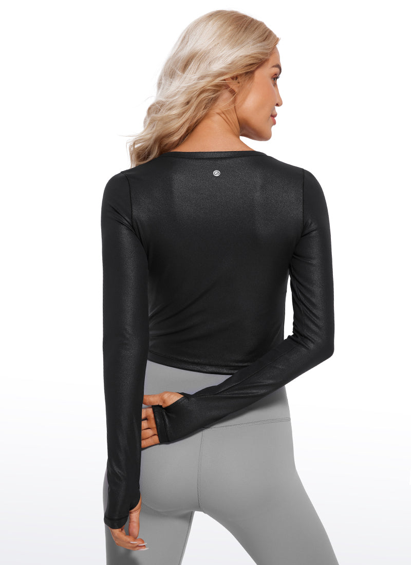 CRZ YOGA  Butterluxe Camiseta Corta con Mangas Largas y Cuello Redondo para Mujer Cuero clásico negro
