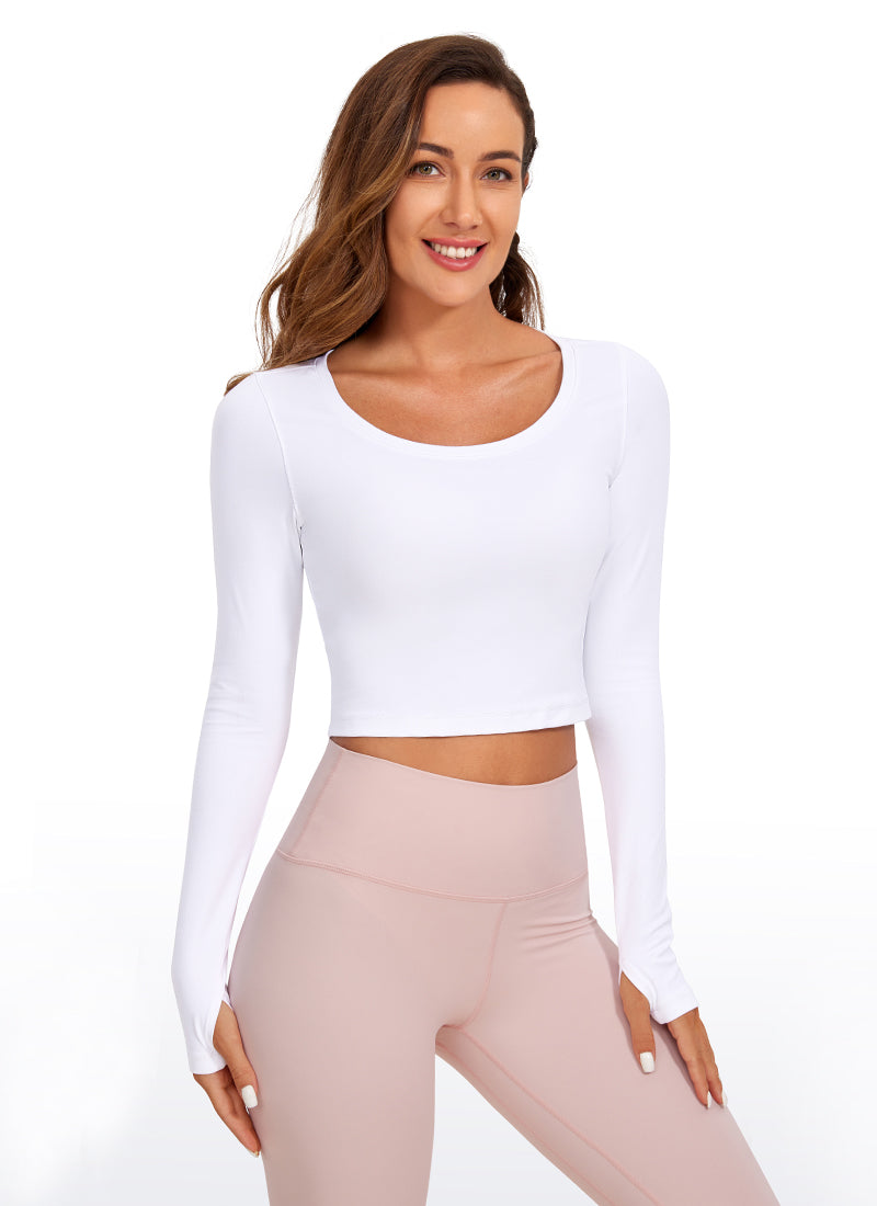 CRZ YOGA  Butterluxe Camiseta Corta con Mangas Largas y Cuello Redondo para Mujer blanco