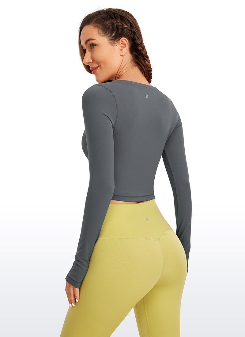 CRZ YOGA  Butterluxe Camiseta Corta con Mangas Largas y Cuello Redondo para Mujer Lava Humo Gris